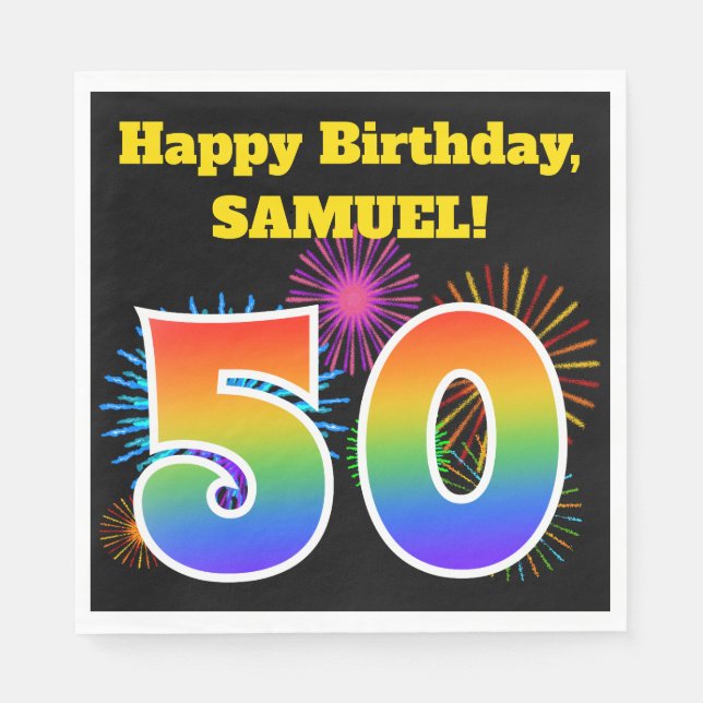 Fun Fireworks + Rainbow Pattern "50" Birthday # Napkins (Front)