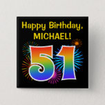 [ Thumbnail: Fun Fireworks + Rainbow Pattern "51" Birthday # Button ]