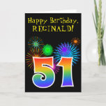 [ Thumbnail: Fun Fireworks + Rainbow Pattern "51" Birthday # Card ]