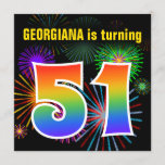 [ Thumbnail: Fun Fireworks + Rainbow Pattern "51" Birthday # Invitation ]