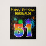 [ Thumbnail: Fun Fireworks + Rainbow Pattern "51" Birthday # Jigsaw Puzzle ]