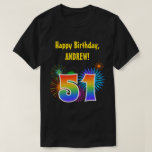 [ Thumbnail: Fun Fireworks + Rainbow Pattern "51" Birthday # T-Shirt ]