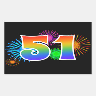 Fun Fireworks + Rainbow Pattern "51" Event Number Rectangular Sticker