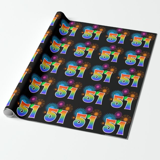 Fun Fireworks + Rainbow Pattern "51" Event Number Wrapping Paper (Unrolled)