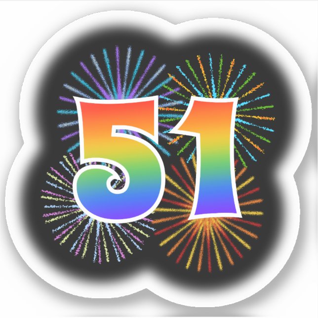 Fun Fireworks + Rainbow Pattern "51" Event # Sticker (Front)