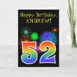 [ Thumbnail: Fun Fireworks + Rainbow Pattern "52" Birthday # Card ]