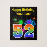 [ Thumbnail: Fun Fireworks + Rainbow Pattern "52" Birthday # Jigsaw Puzzle ]