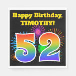 [ Thumbnail: Fun Fireworks + Rainbow Pattern "52" Birthday # Napkins ]