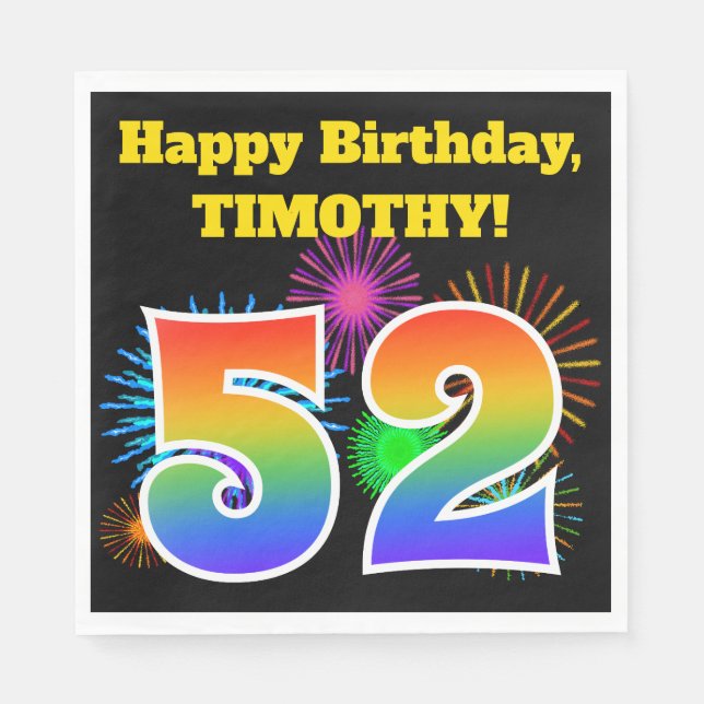 Fun Fireworks + Rainbow Pattern "52" Birthday # Napkins (Front)