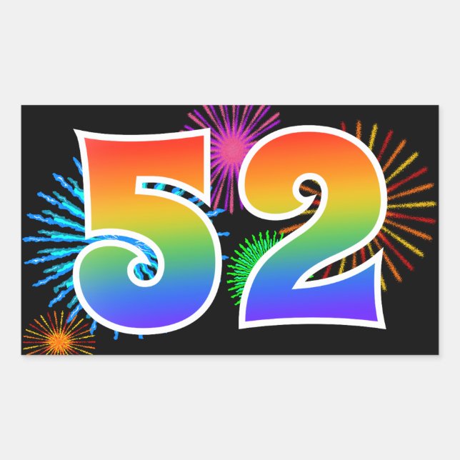 Fun Fireworks + Rainbow Pattern "52" Event Number Rectangular Sticker (Front)