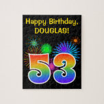 [ Thumbnail: Fun Fireworks + Rainbow Pattern "53" Birthday # Jigsaw Puzzle ]