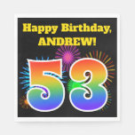 [ Thumbnail: Fun Fireworks + Rainbow Pattern "53" Birthday # Napkins ]