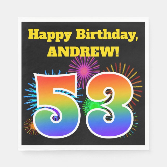 Fun Fireworks + Rainbow Pattern "53" Birthday # Napkins (Front)