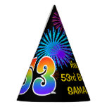 [ Thumbnail: Fun Fireworks + Rainbow Pattern "53" Birthday # Party Hat ]
