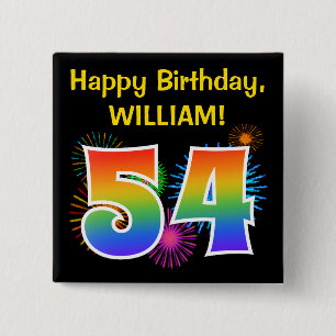 Fun Fireworks + Rainbow Pattern "54" Birthday # Button