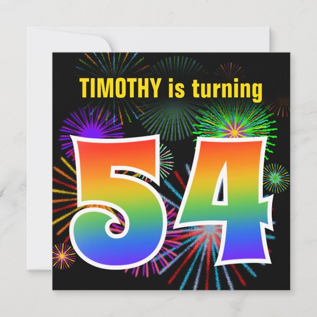 Fun Fireworks + Rainbow Pattern "54" Birthday # Invitation (Front)