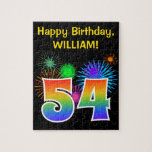 [ Thumbnail: Fun Fireworks + Rainbow Pattern "54" Birthday # Jigsaw Puzzle ]