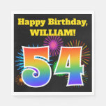 [ Thumbnail: Fun Fireworks + Rainbow Pattern "54" Birthday # Napkins ]