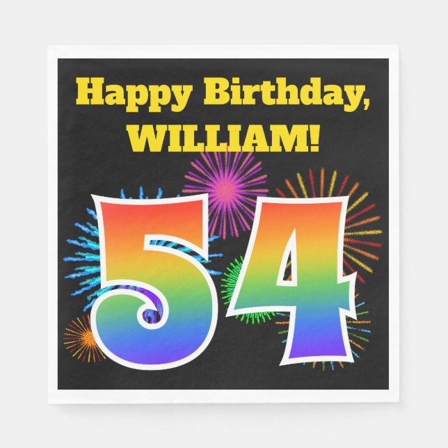Fun Fireworks + Rainbow Pattern "54" Birthday # Napkins (Front)