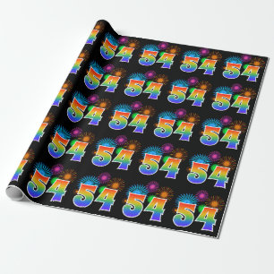 Fun Fireworks + Rainbow Pattern "54" Event Number Wrapping Paper
