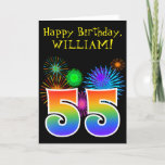 [ Thumbnail: Fun Fireworks + Rainbow Pattern "55" Birthday # Card ]