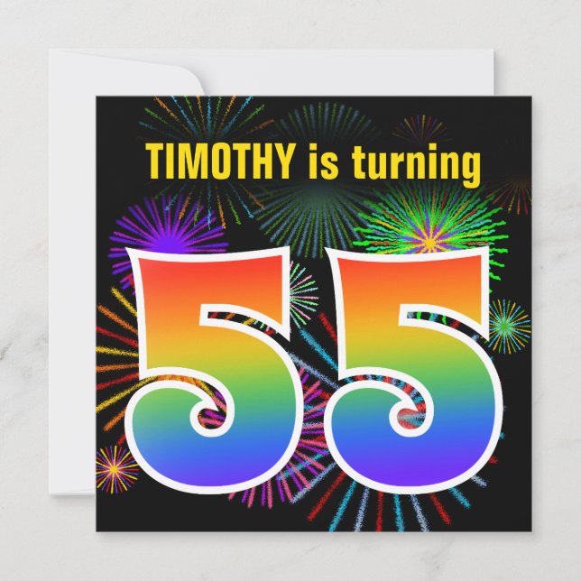 Fun Fireworks + Rainbow Pattern "55" Birthday # Invitation (Front)