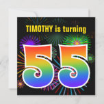 [ Thumbnail: Fun Fireworks + Rainbow Pattern "55" Birthday # Invitation ]