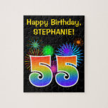 [ Thumbnail: Fun Fireworks + Rainbow Pattern "55" Birthday # Jigsaw Puzzle ]