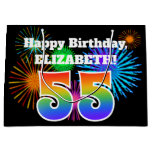 [ Thumbnail: Fun Fireworks + Rainbow Pattern "55" Birthday # Gift Bag ]