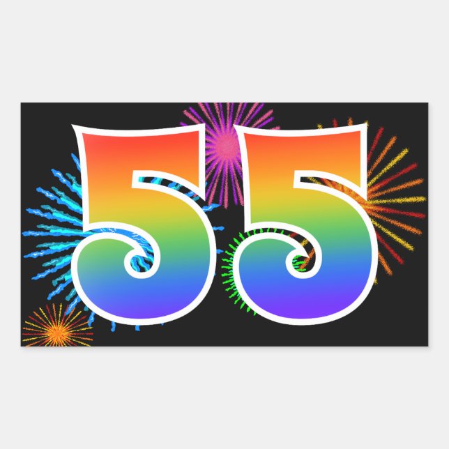 Fun Fireworks + Rainbow Pattern "55" Event Number Rectangular Sticker (Front)