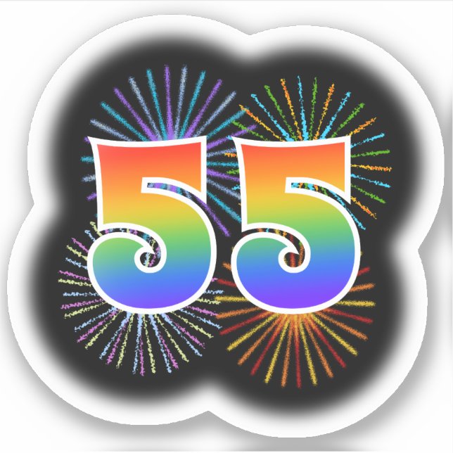 Fun Fireworks + Rainbow Pattern "55" Event # Sticker (Front)