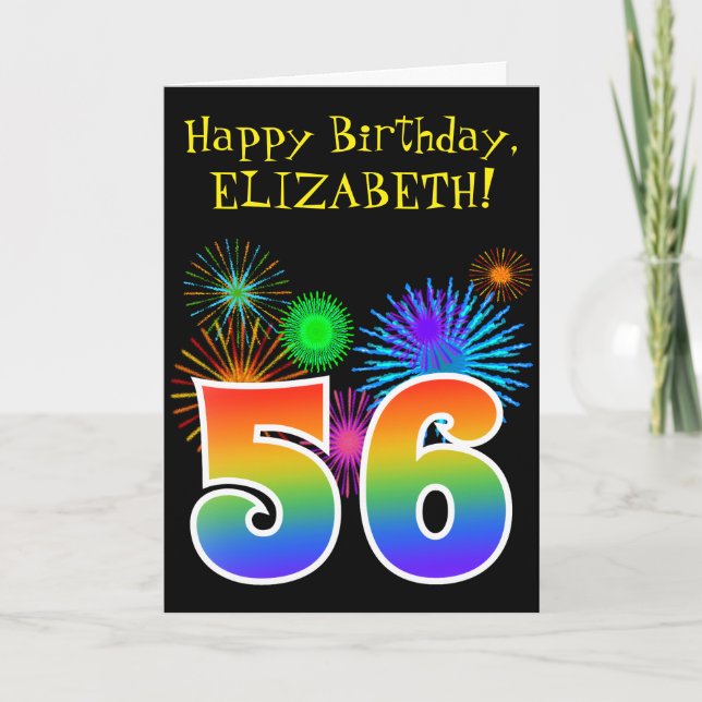 Fun Fireworks + Rainbow Pattern "56" Birthday # Card (Front)