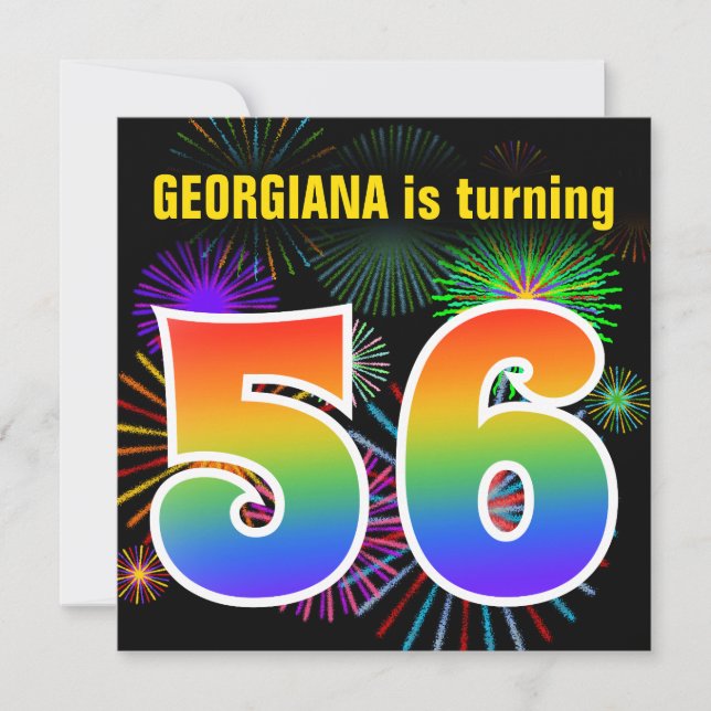 Fun Fireworks + Rainbow Pattern "56" Birthday # Invitation (Front)