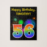 [ Thumbnail: Fun Fireworks + Rainbow Pattern "56" Birthday # Jigsaw Puzzle ]