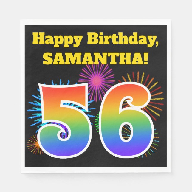 Fun Fireworks + Rainbow Pattern "56" Birthday # Napkins (Front)