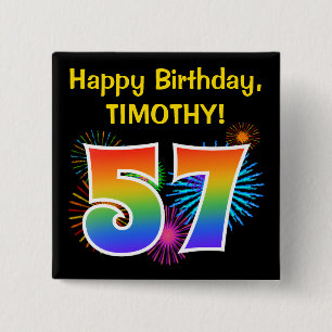 Fun Fireworks + Rainbow Pattern "57" Birthday # Button