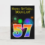 [ Thumbnail: Fun Fireworks + Rainbow Pattern "57" Birthday # Card ]