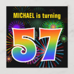 [ Thumbnail: Fun Fireworks + Rainbow Pattern "57" Birthday # Invitation ]