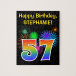 [ Thumbnail: Fun Fireworks + Rainbow Pattern "57" Birthday # Jigsaw Puzzle ]