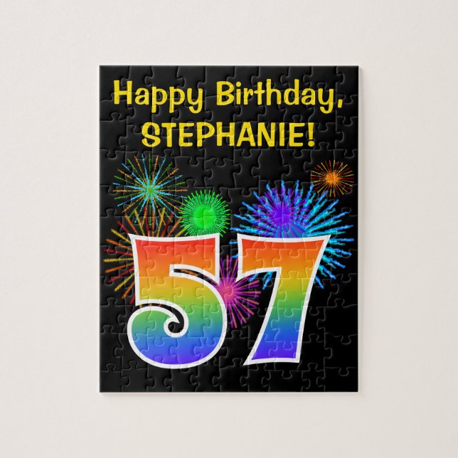Fun Fireworks + Rainbow Pattern "57" Birthday # Jigsaw Puzzle (Vertical)