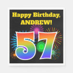 [ Thumbnail: Fun Fireworks + Rainbow Pattern "57" Birthday # Napkins ]