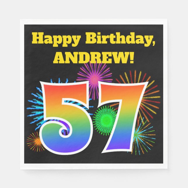 Fun Fireworks + Rainbow Pattern "57" Birthday # Napkins (Front)