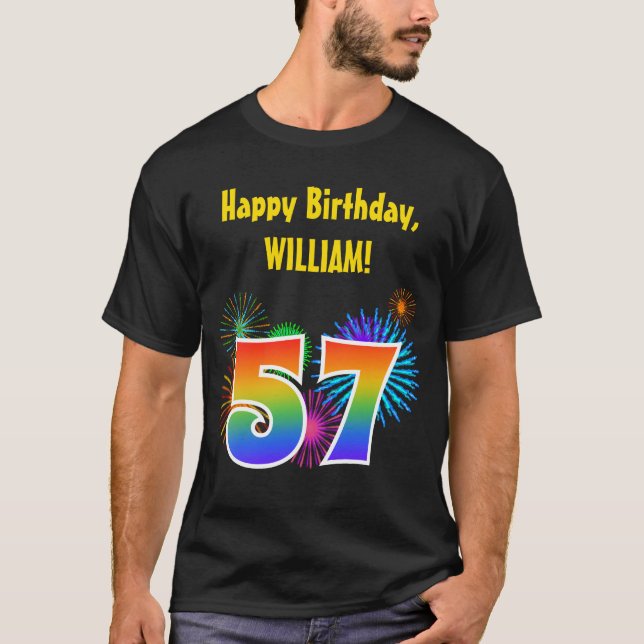 Fun Fireworks + Rainbow Pattern "57" Birthday # T-Shirt (Front)
