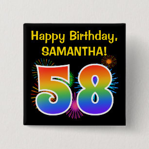 Fun Fireworks + Rainbow Pattern "58" Birthday # Button
