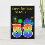 [ Thumbnail: Fun Fireworks + Rainbow Pattern "58" Birthday # Card ]
