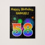 [ Thumbnail: Fun Fireworks + Rainbow Pattern "58" Birthday # Jigsaw Puzzle ]
