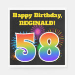 [ Thumbnail: Fun Fireworks + Rainbow Pattern "58" Birthday # Napkins ]