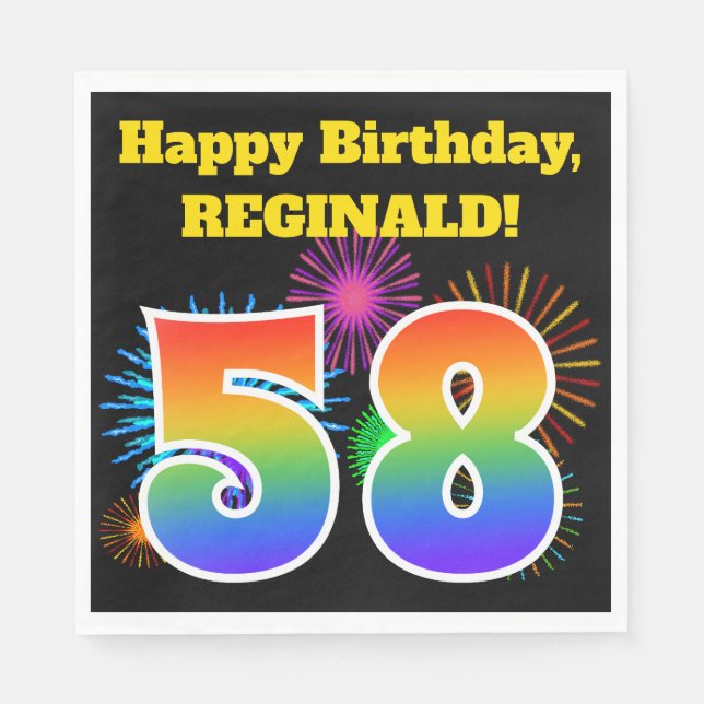 Fun Fireworks + Rainbow Pattern "58" Birthday # Napkins (Front)