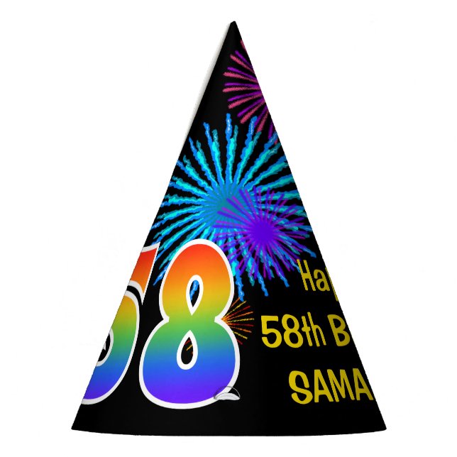 Fun Fireworks + Rainbow Pattern "58" Birthday # Party Hat (Left)