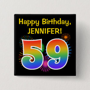 Fun Fireworks + Rainbow Pattern "59" Birthday # Button